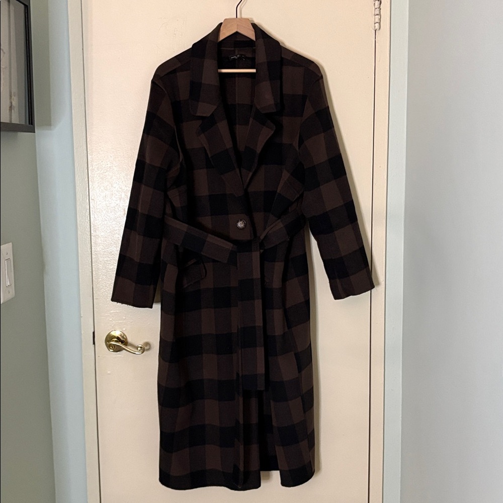 Universal Standard Black and Brown Plaid Trench Coat